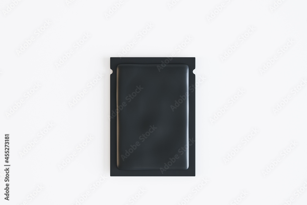 Poster Empty black product packet on white background. Mock up, 3D Rendering.