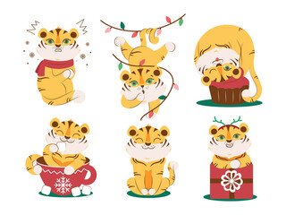 The set of winter tigers is good for Holidays designs. The cute animals are good for logos 2022, Merry Christmas and Happy New Year designs. The collection is a vector illustration