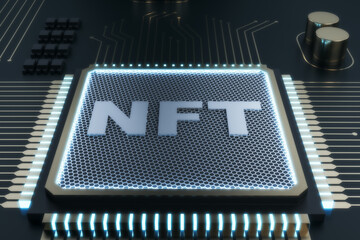Shiny nft chip on gray background. Non-fungible token and hardware concept. 3D Rendering. - obrazy, fototapety, plakaty