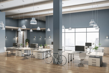 Spacious coworking concrete office interior with city view, wooden flooring and daylight. 3D Rendering.