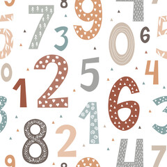 Seamless pattern with doodle hand drawn number in Scandinavian Style. Vector background with colorful pastel numbers on white, kids nursery backdrop
