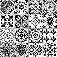 Collection de motifs vectoriels harmonieux de carreaux azulejos portugais et espagnols en noir sur blanc, grand ensemble de motifs floraux traditionnels inspirés de l& 39 art des carreaux du Portugal et de l& 39 Espagne