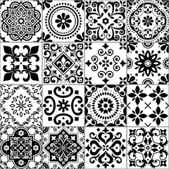Rideaux tamisants Portugal carreaux de céramique Collection de motifs vectoriels harmonieux de carreaux azulejos portugais et espagnols en noir sur blanc, grand ensemble de motifs floraux traditionnels inspirés de l& 39 art des carreaux du Portugal et de l& 39 Espagne