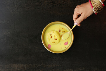 Rasmalai, Ras malai, Rasamalei Indian Sweet dessert mithai festival milk sweet dish Diwali Dussehra...