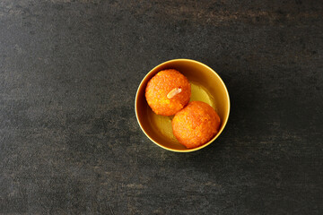 Motichoor Ladoo Rava Laddu, Kesar laddu Semolina Indian sweet dish mithai Diwali Dussehra Holi Ram...