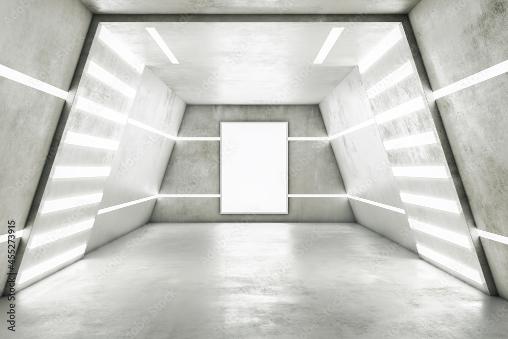 Poster Abstract futuristic space ship interior in light colors with empty white mock up poster. 3D Rendering.