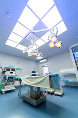 Quarantine medical operating room with lights. Surgery room in new modern hospital. Modern equipment in operating room. Operating theatre