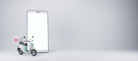 Creative white smartphone with blank screen and scooter on grey background. Medical delivery, health and medicine concept. Mock up, 3D Rendering.