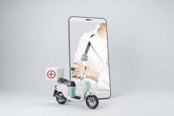 Creative smartphone with doctor on screen and scooter on grey background. Medical delivery, health and medicine concept. 3D Rendering.