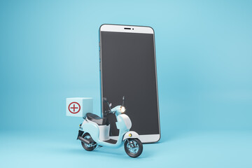 Creative smartphone with blank screen and scooter on blue background. Medical delivery, health and medicine concept. Mock up, 3D Rendering. © Who is Danny