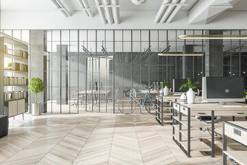 Contemporary coworking office interior with bright city view and wooden flooring. Design and workplace style concept. 3D Rendering.