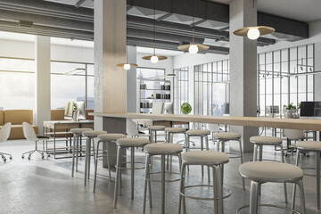 New coworking office interior with bright city view and concrete flooring. Design and workplace style concept. 3D Rendering.