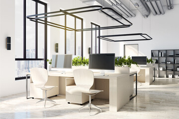 Illuminated coworking office interior with equipment, wooden flooring, furniture, city view and sunlight. 3D Rendering.