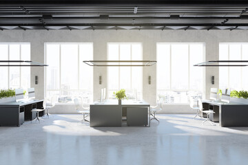 Bright coworking office interior with equipment, furniture, city view and sunlight. 3D Rendering.