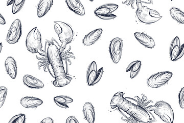 Seamlrss pattern of mussels and lobsters, vector, monochrome