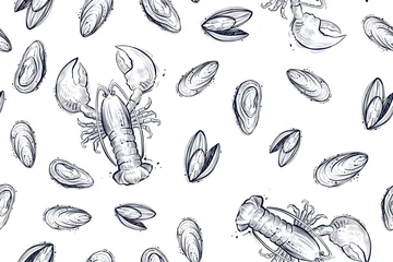 Wall murals Ocean animals Seamlrss pattern of mussels and lobsters, vector, monochrome