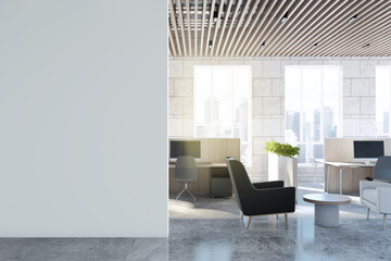 Modern coworking office interior with equipment, furniture, empty white mockup place on wall, city view and sunlight. 3D Rendering.
