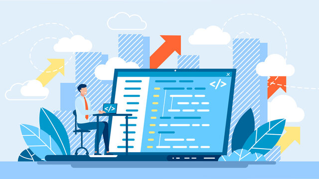 Concept of script coding, programming. A programming language. Programmer working on web development on the laptop. Software developers. Flat vector cartoon illustration. Workplace of the programmer