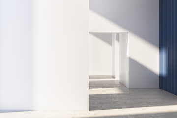 Modern bright blue and white empty interior with blank mock up place on wall. 3D Rendering.