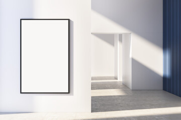 Modern bright blue and white empty interior with blank mock up poster on wall. 3D Rendering.