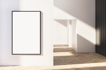 Modern bright wooden and white concrete empty interior with blank mock up frame on wall. 3D Rendering.