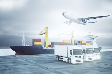 Creative ship, truck and airplane on bright outdoor background. Delivery, freight and cargo concept. 3D Rendering.