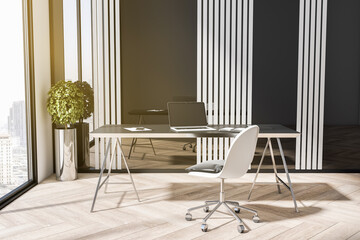 Modern desktop with devices in bright office interior with city view and wooden flooring. 3D Rendering.