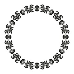 Damask circular pattern. Frame with decorative vintage floral elements. Black and white. Vintage frame.