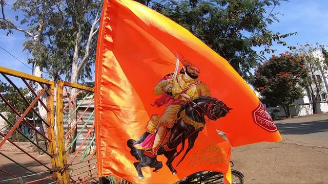 Malegaon, Nashik, Maharashtra, India - 19th February 2021: Chhatrapati Shivaji Maharaj Jayanti. The rally Indian king. Maratha Ruler, Historical Indian Festival celebration. Shivaji Jayanti. Maratha.
