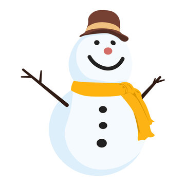 Vector illustration snowman in flat style. Design for a postcard, banner, poster. A cute children's picture about outdoor activities in winter. 
