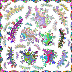 Obraz premium Seamless pattern with interesting doodles on colorfil background. Raster illustration.