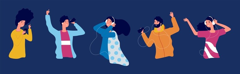 Listen music. Online radio podcast, musical sounds listening. People in white headphones dancing. Positive persons with smartphones vector characters