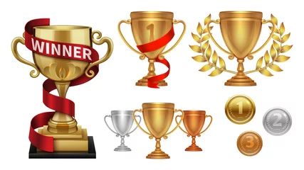 Fotobehang Winner collection. Trophy, realistic medals. Golden cup with red ribbon, isolated gold silver bronze medal. Anniversary, sport competition awards vector set © MicroOne