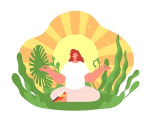 Wellness therapy. Harmonious yoga girl, health balance or meditation on sun background. Treatment on nature, soul mind relax utter vector concept