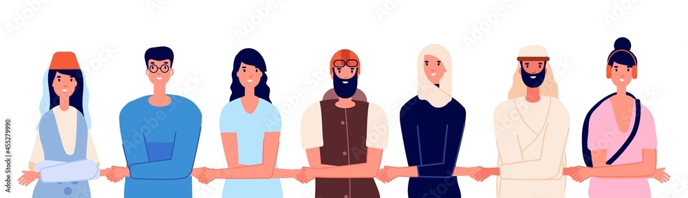 Wall mural Diverse people holding hands. Multicultural community, international worldwide friendship or protest demonstration vector concept