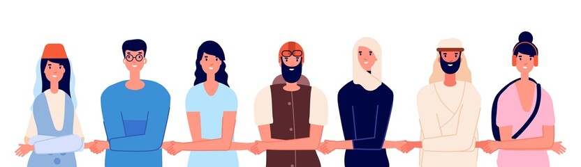 Diverse people holding hands. Multicultural community, international worldwide friendship or protest demonstration vector concept