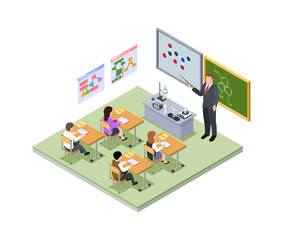 School lesson isometric concept. Teacher, children at desks at classroom. Chemistry equipment and molecular formulas, young medical students vector illustration
