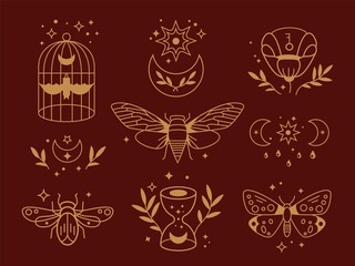 Magical outline collection. Tribal symbols, boho golden moon. Crystal and floral elements, mystical alchemy spiritual garish vector collection