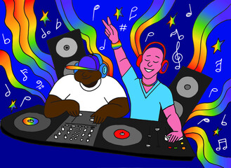 Two LGBTQ djs playing music. Can be used for the design of greeting cards, invitations, posters, banners, packaging, web, print, cloth texture or wallpaper. Vector illustration.