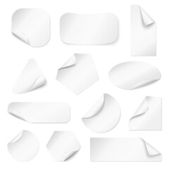 Curled corners stickers. Paper curved edge, store goods white tags. Curl labels mockup, round square, rectangle blank sticky sheets recent vector set