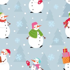 Christmas snowman pattern. Holiday snowmen, x-mas tree and cute winter characters. Seasonal childish clothes print, holy jolly decent vector seamless texture