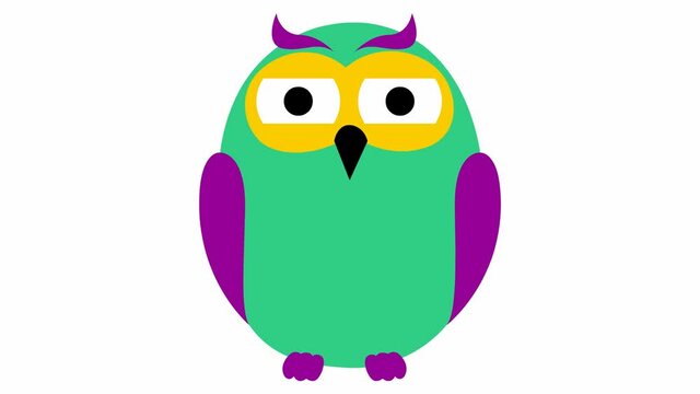 Animated funny green owl. Looped video. Vector illustration isolated on a white background.
