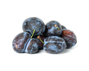 bunch of ripe blue plums isolated on white background