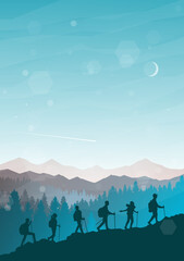 Fototapeta na wymiar Teamwork. Climbers climb up the mountain. Hiking. Adventure. Travel concept of discovering, exploring and observing nature. Polygonal minimalist graphic flat design illustration.