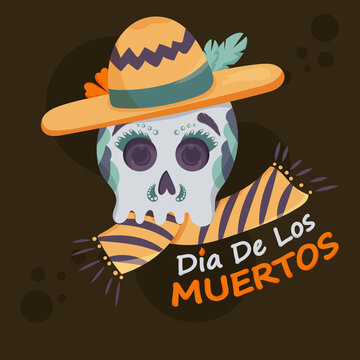 Day of the dead, skull decorated in a Mexican hat and scarf, vector image