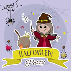 Halloween party invitation card for the holidays. Witch boiling cauldron with pumpkin and other symbols.