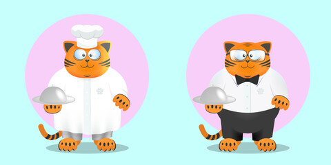 Cartoon kind smiling fat ginger cats chef and waiter with a tray