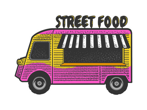Street food truck line art color sketch engraving vector illustration. T-shirt apparel print design. Scratch board imitation. Black and white hand drawn image.