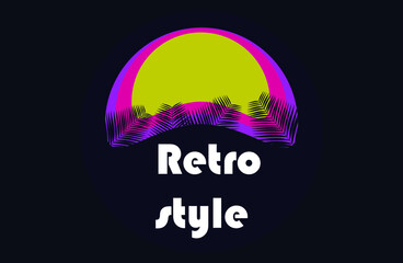 Naklejka premium summer, autumn background in retro style with tropical leaves. sun, sunset. bright background in retro 80s style. Vector retro poster for your design. Retro style tropical sunset with palm silhouette 