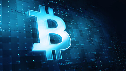 Cyberpunk Bitcoin Futuristic Sci-Fi Technology Cryptocurrency Textured Bit Coin symbol Hi-Tech Illustration. Isolated on Blue Mesh Background.